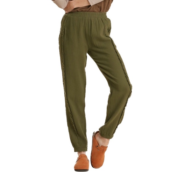 Frayed Edged Elastic Waistband Jogger Pants with Pockets - Picture 2 of 3